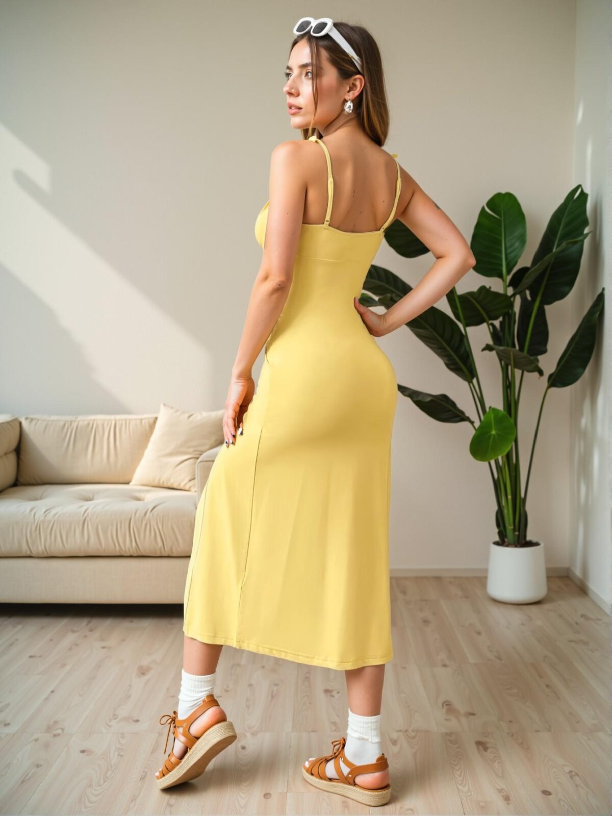 Elegant Butter Yellow High-Slit Knitted Cami Dress for Women – Chic, Classy, and Trendy Fashion Style to Dress to Impress - Image 2