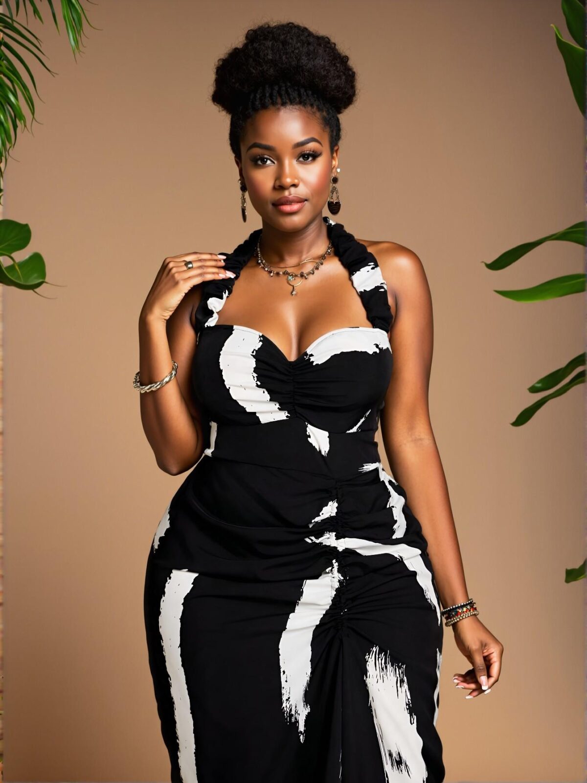 Elegant Black and White Floral Print Sexy Halter Split Drawstring Vacation Dress Chic, Classy and Trendy Fashion Style to Dress to Impress - Image 2