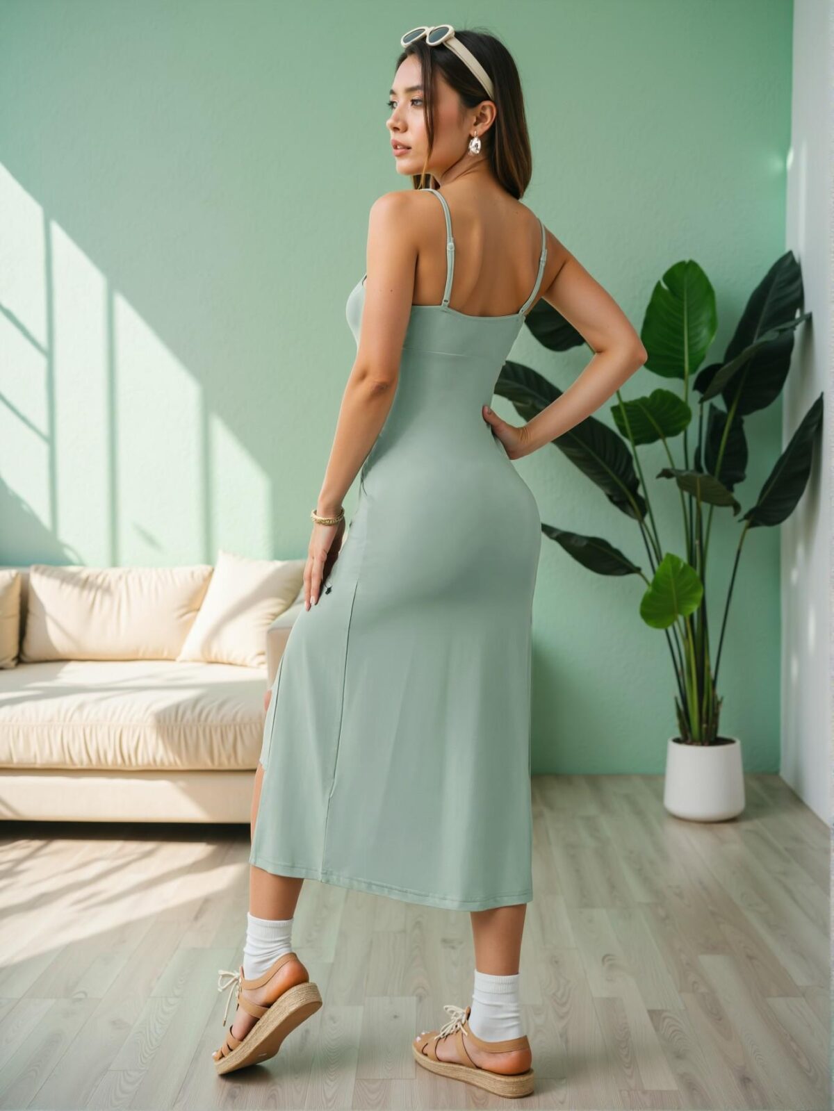 Elegant Mint Green Casual Cami Dress with High Slit for Weddings and Daily Wear - Chic, Classy and Trendy Fashion Style to Dress to Impress - Image 2