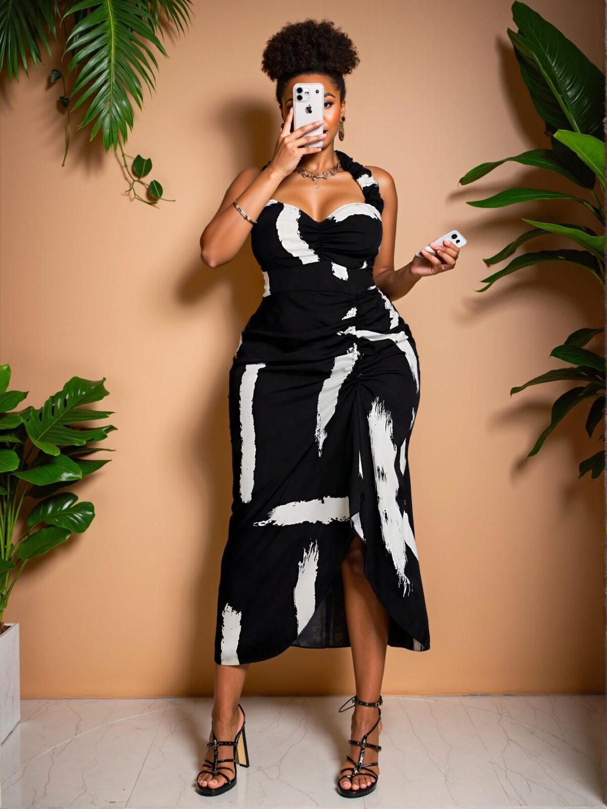 Elegant Black and White Floral Print Sexy Halter Split Drawstring Vacation Dress Chic, Classy and Trendy Fashion Style to Dress to Impress - Image 4