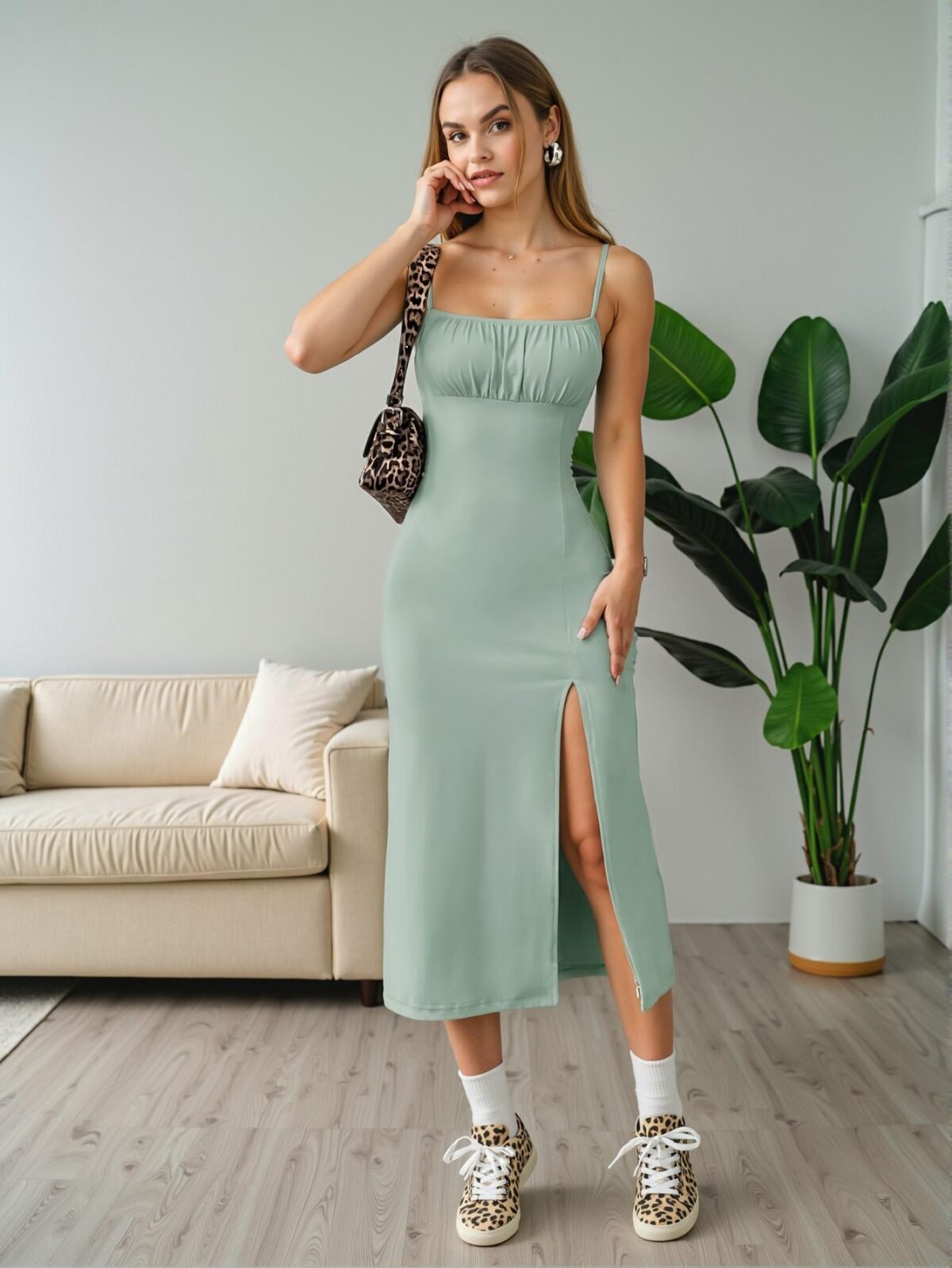 Elegant Mint Green Casual Cami Dress with High Slit for Weddings and Daily Wear - Chic, Classy and Trendy Fashion Style to Dress to Impress - Image 4