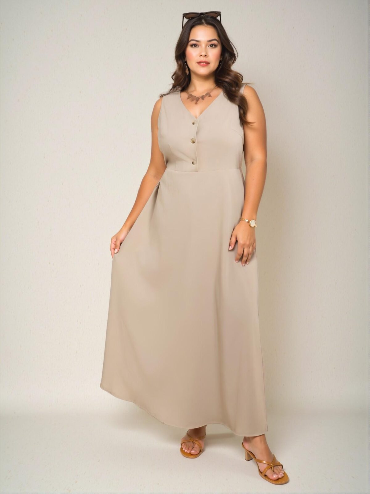 Elegant Apricot Flared A-Line V-Neck Sundress for Casual and Vacation Wear - Chic, Classy, and Trendy Fashion Style to Dress to Impress - Image 2