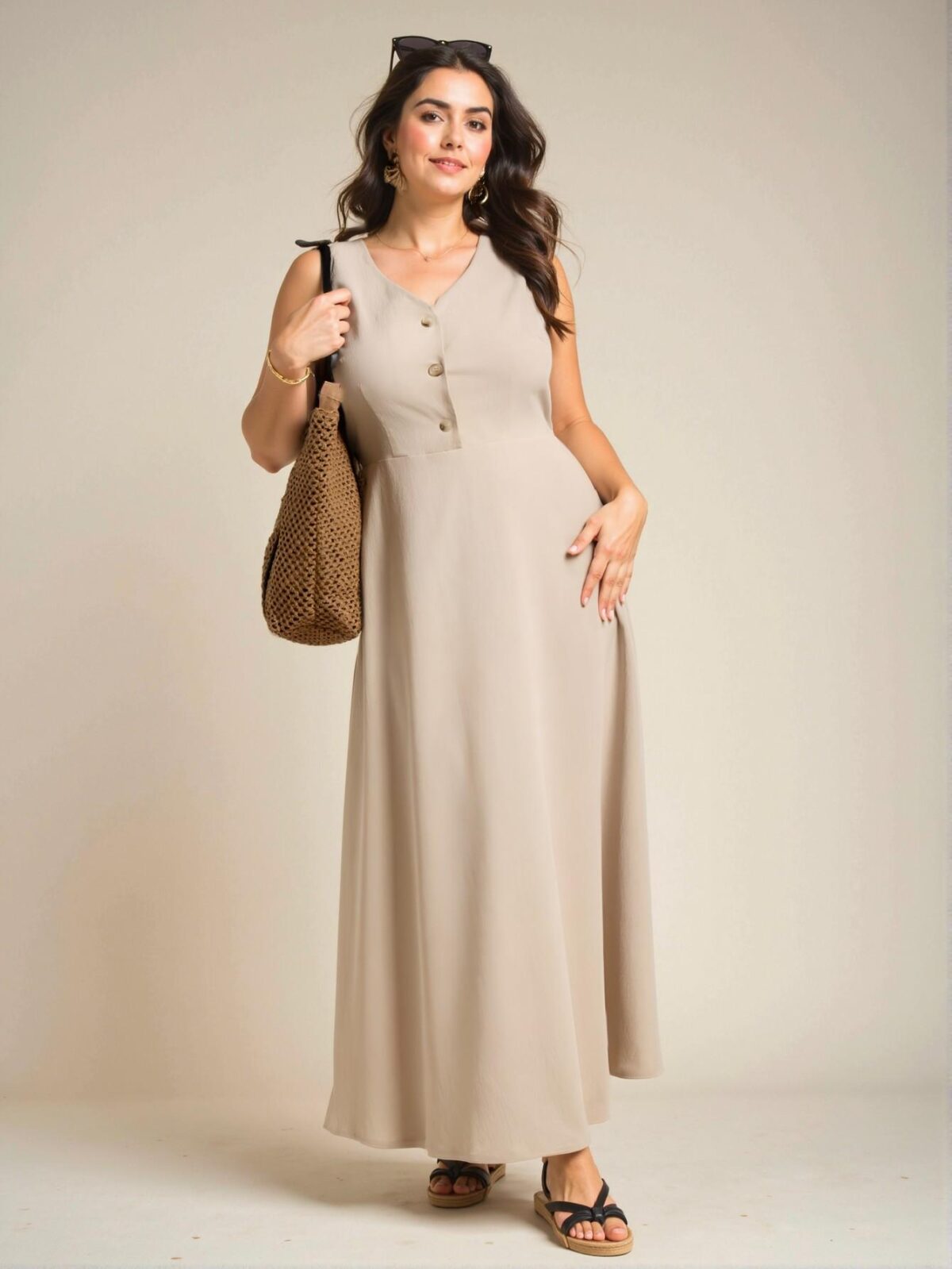 Elegant Apricot Flared A-Line V-Neck Sundress for Casual and Vacation Wear - Chic, Classy, and Trendy Fashion Style to Dress to Impress - Image 3