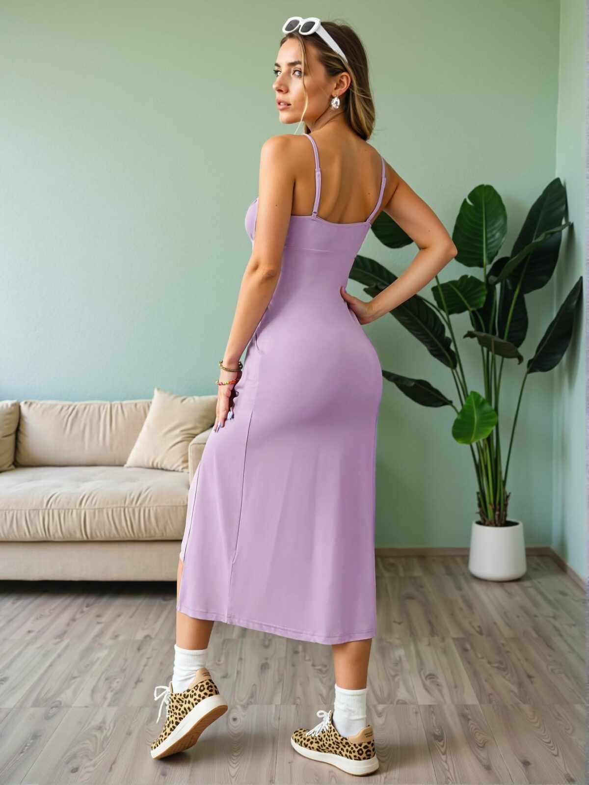 Elegant Lilac Pleated Knit High Slit Spaghetti Strap Dress for Effortless Spring and Summer Style, Chic, Classy, and Trendy Fashion to Dress to Impress - Image 2