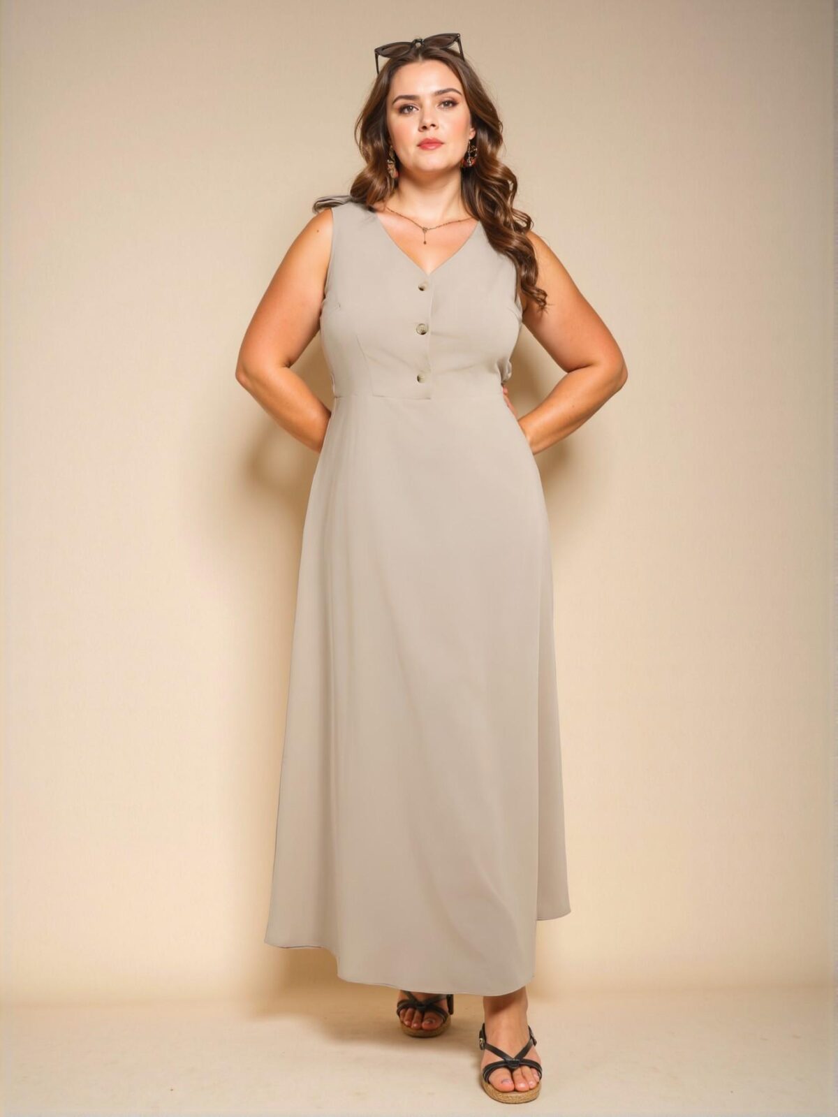 Elegant Apricot Flared A-Line V-Neck Sundress for Casual and Vacation Wear - Chic, Classy, and Trendy Fashion Style to Dress to Impress - Image 5