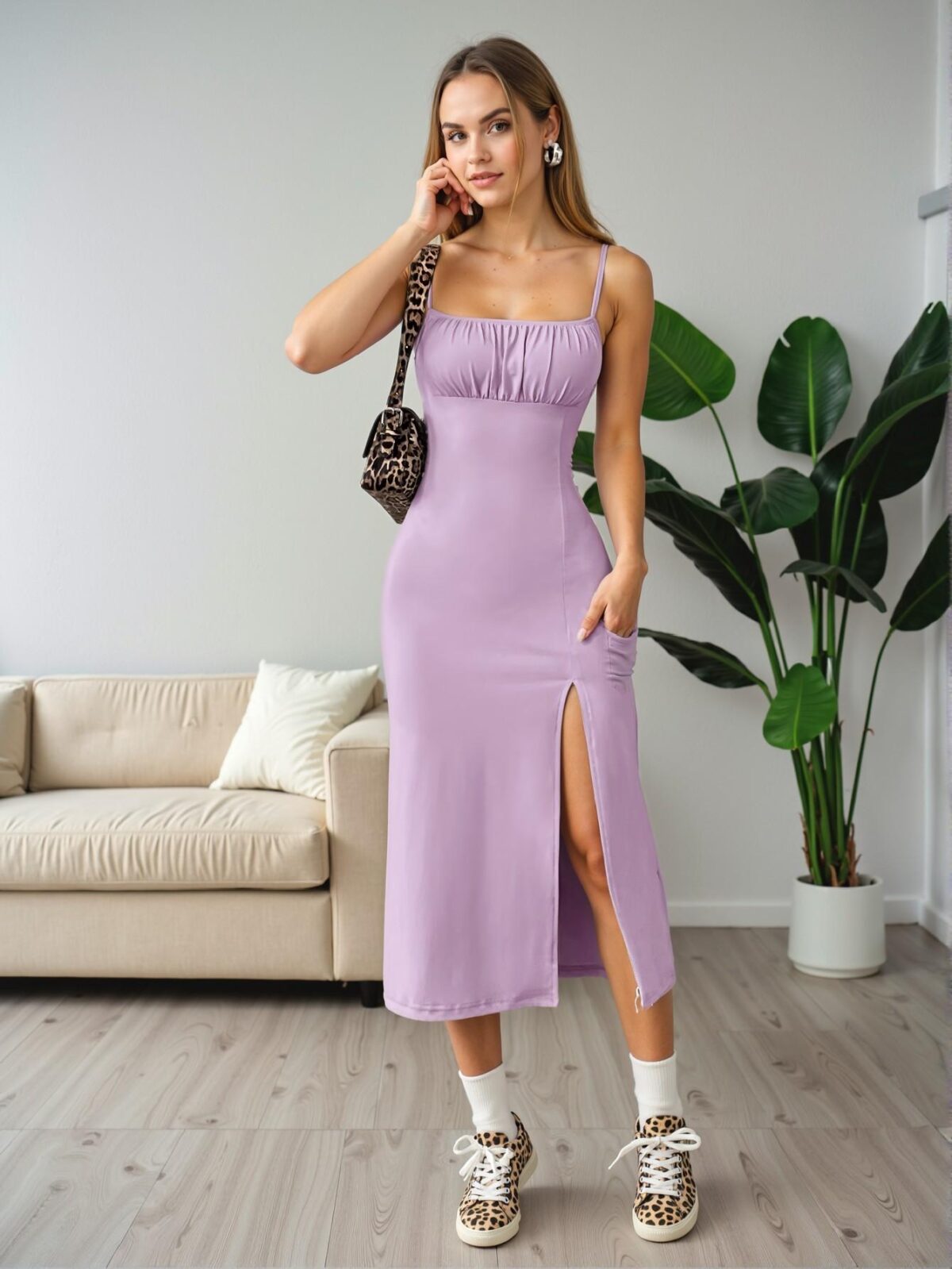 Elegant Lilac Pleated Knit High Slit Spaghetti Strap Dress for Effortless Spring and Summer Style, Chic, Classy, and Trendy Fashion to Dress to Impress - Image 4