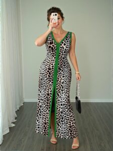 Elegant Multicolor Stunning Plus Size Leopard Print Sleeveless Deep V-Neck Low Waist Bodycon Asymmetric Collar Dress for Casual Summer Wear "Chic, Classy and Trendy Fashion Style to Dress to Impress"