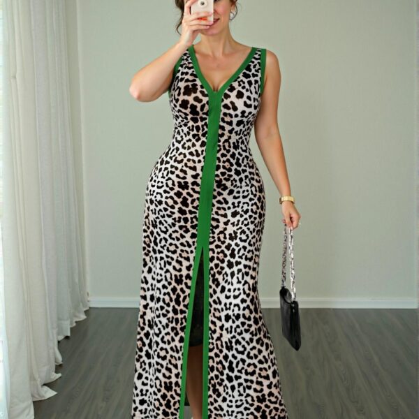 Elegant Multicolor Stunning Plus Size Leopard Print Sleeveless Deep V-Neck Low Waist Bodycon Asymmetric Collar Dress for Casual Summer Wear "Chic, Classy and Trendy Fashion Style to Dress to Impress"