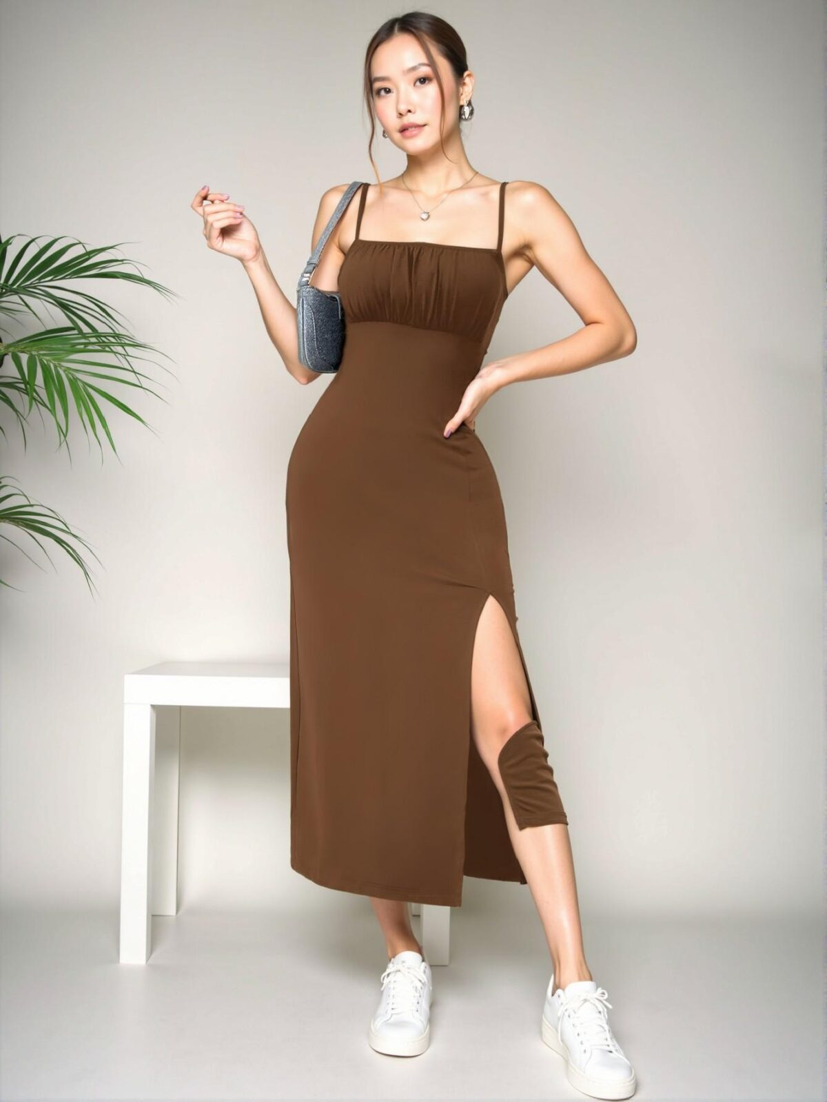 Elegant Coffee Brown Casual High Slit Pleated Camisole Dress for Spring and Summer - Chic, Classy and Trendy Fashion Style to Dress to Impress