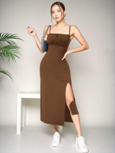 Elegant Coffee Brown Casual High Slit Pleated Camisole Dress for Spring and Summer - Chic, Classy and Trendy Fashion Style to Dress to Impress