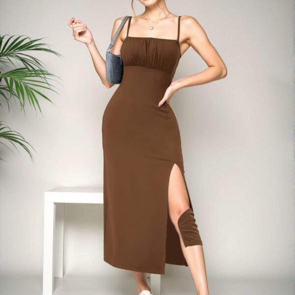 Elegant Coffee Brown Casual High Slit Pleated Camisole Dress for Spring and Summer - Chic, Classy and Trendy Fashion Style to Dress to Impress