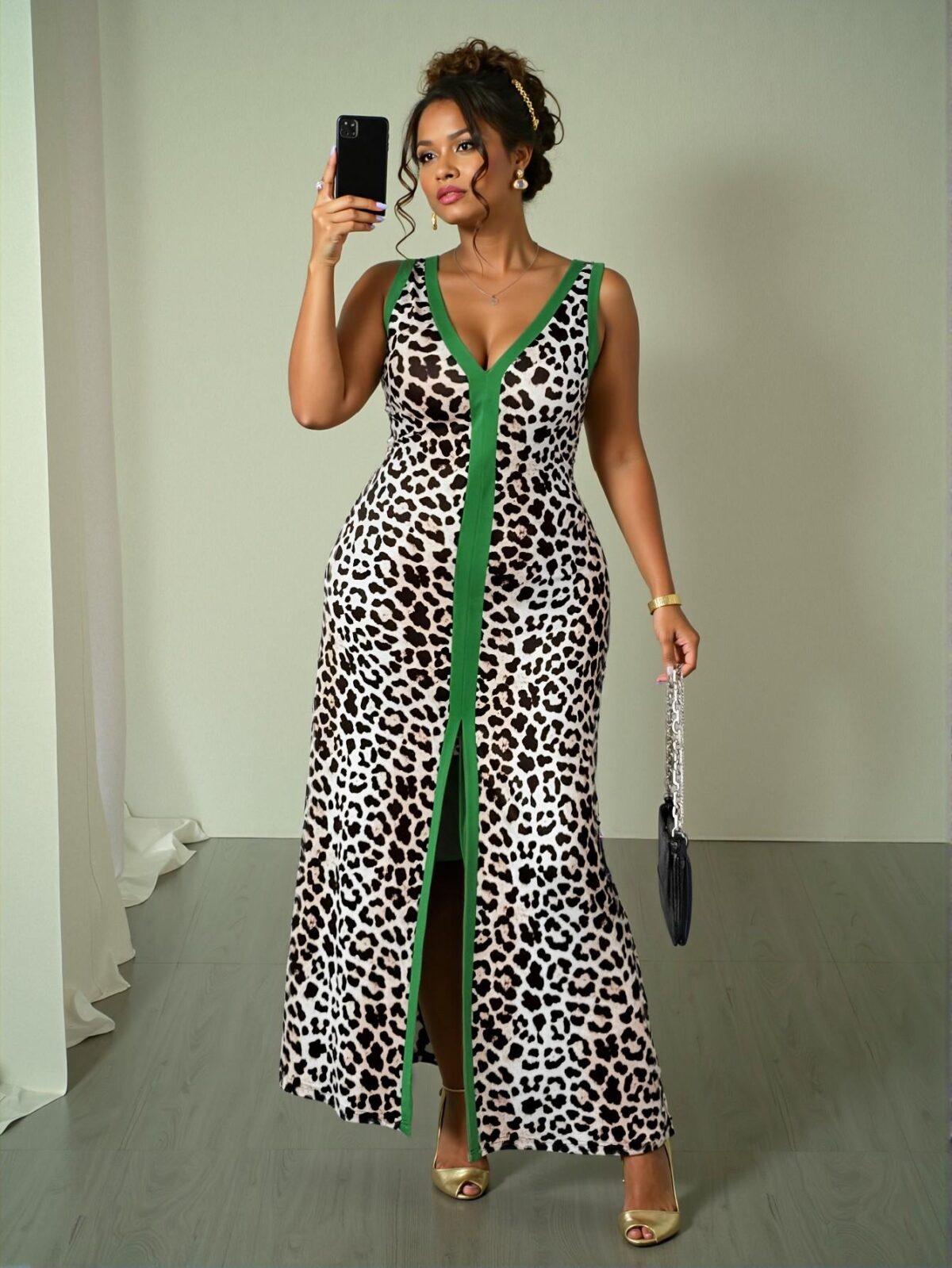 Elegant Multicolor Stunning Plus Size Leopard Print Sleeveless Deep V-Neck Low Waist Bodycon Asymmetric Collar Dress for Casual Summer Wear "Chic, Classy and Trendy Fashion Style to Dress to Impress" - Image 3