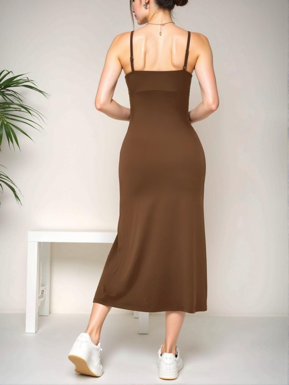 Elegant Coffee Brown Casual High Slit Pleated Camisole Dress for Spring and Summer - Chic, Classy and Trendy Fashion Style to Dress to Impress - Image 3