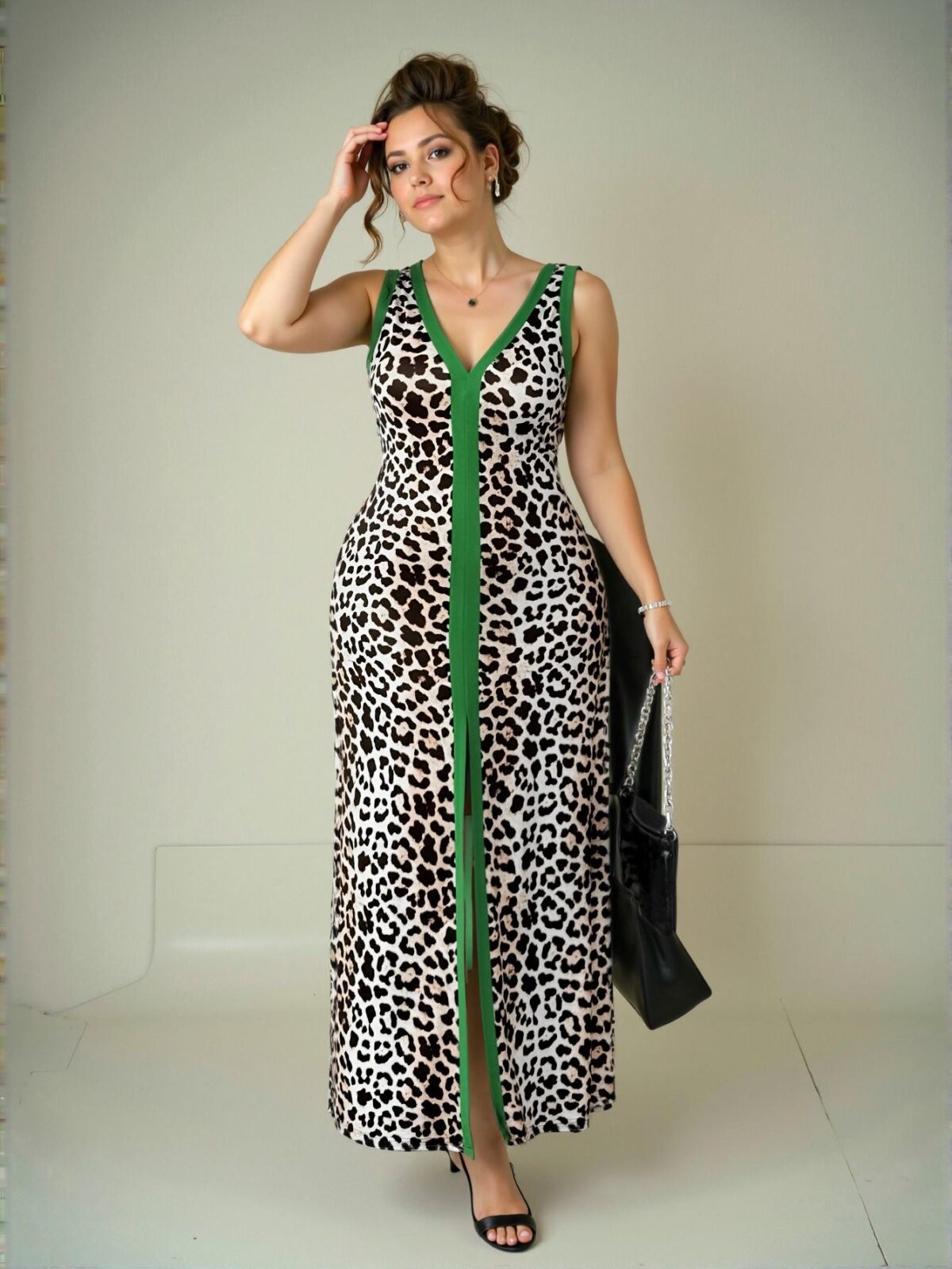 Elegant Multicolor Stunning Plus Size Leopard Print Sleeveless Deep V-Neck Low Waist Bodycon Asymmetric Collar Dress for Casual Summer Wear "Chic, Classy and Trendy Fashion Style to Dress to Impress" - Image 4