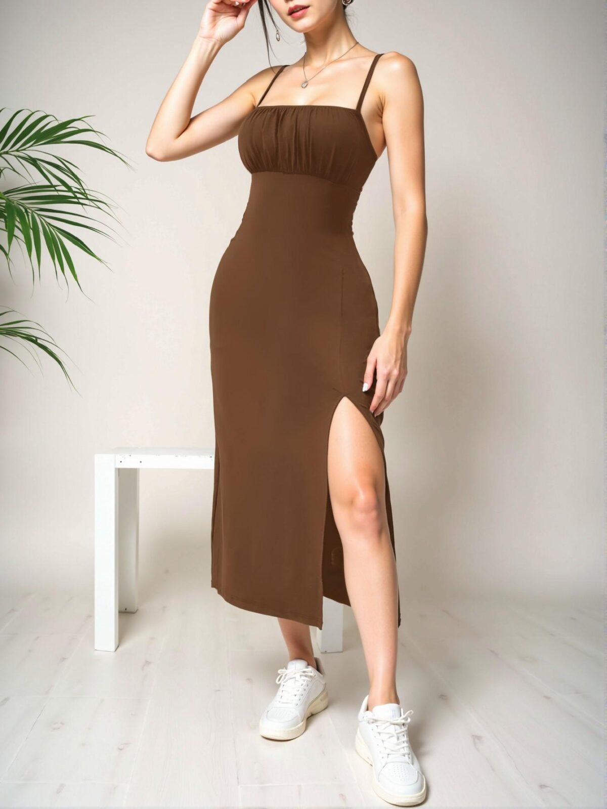 Elegant Coffee Brown Casual High Slit Pleated Camisole Dress for Spring and Summer - Chic, Classy and Trendy Fashion Style to Dress to Impress - Image 4