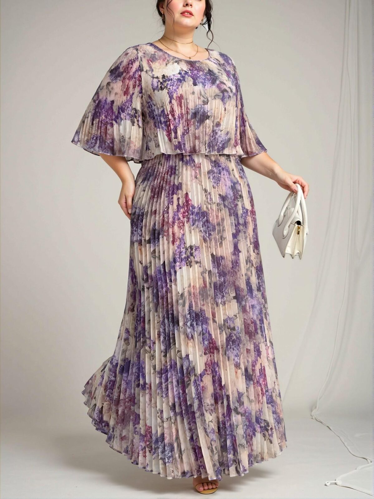 Elegant Purple Long Flowing Pleated Chiffon Dress for Women, Perfect for Summer and Spring Events—Chic, Classy and Trendy Fashion Style to Dress to Impress.