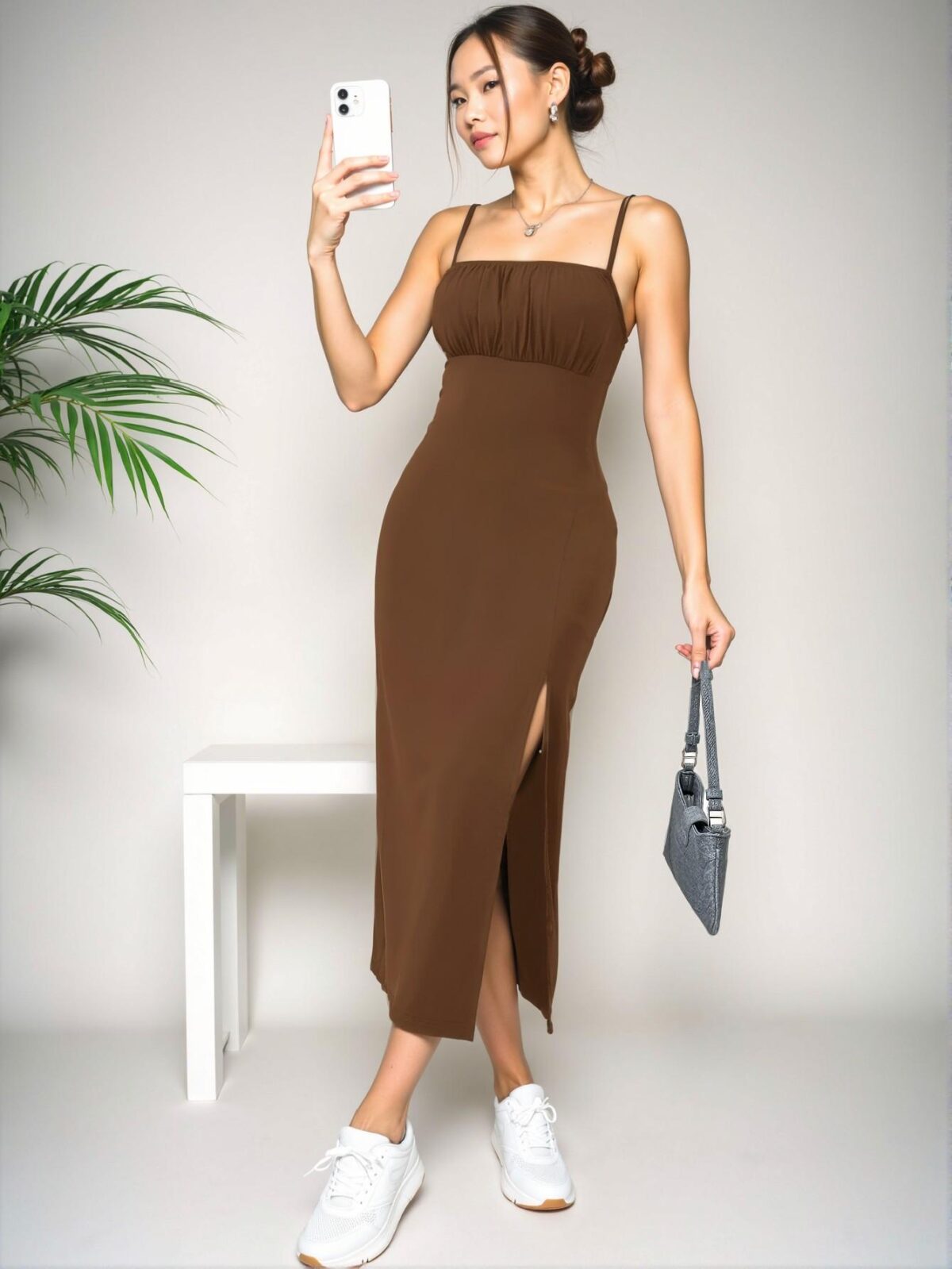 Elegant Coffee Brown Casual High Slit Pleated Camisole Dress for Spring and Summer - Chic, Classy and Trendy Fashion Style to Dress to Impress - Image 5