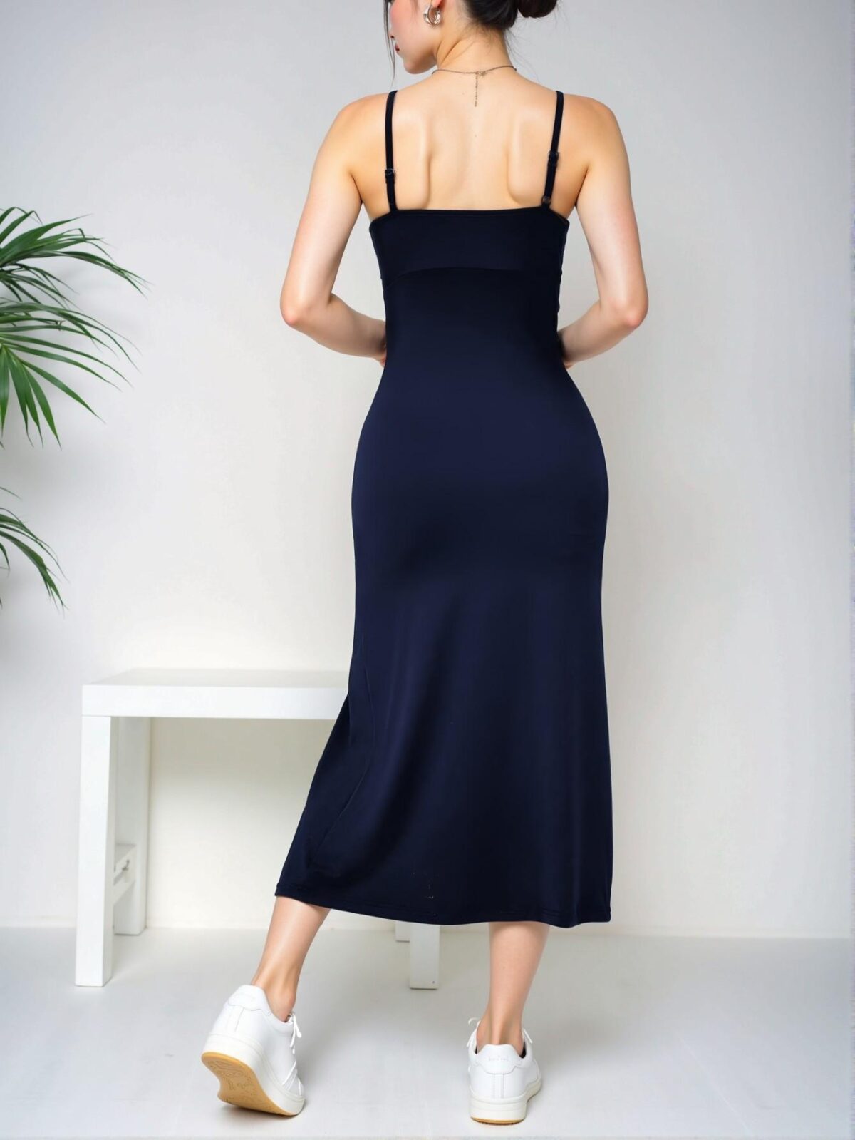 Elegant Navy Blue Effortless High Slit Cami Dress Perfect for Spring and Summer - Chic, Classy and Trendy Fashion Style to Dress to Impress - Image 2