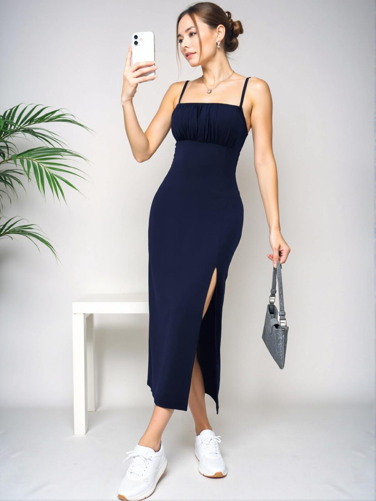 Elegant Navy Blue Effortless High Slit Cami Dress Perfect for Spring and Summer - Chic, Classy and Trendy Fashion Style to Dress to Impress - Image 4