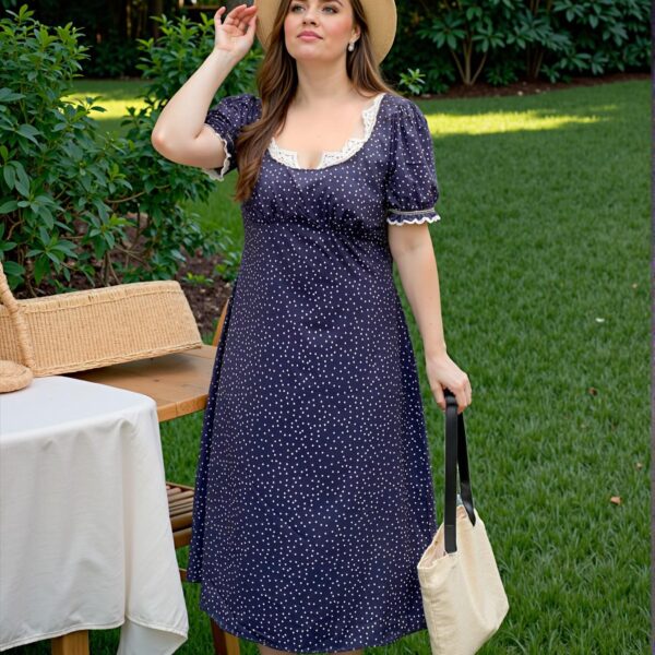 Elegant Navy Blue Chic Polka Dot Bodycon Dress with Contrast Lace Detailing for Confident Summer Style – Chic, Classy and Trendy Fashion Style to Dress to Impress