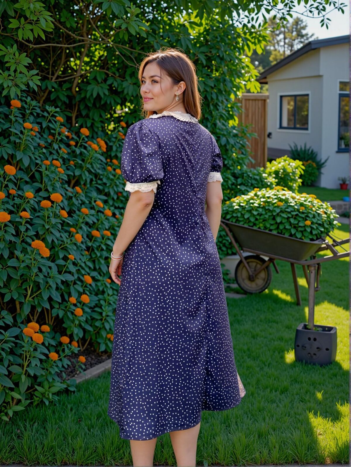 Elegant Navy Blue Chic Polka Dot Bodycon Dress with Contrast Lace Detailing for Confident Summer Style – Chic, Classy and Trendy Fashion Style to Dress to Impress - Image 2
