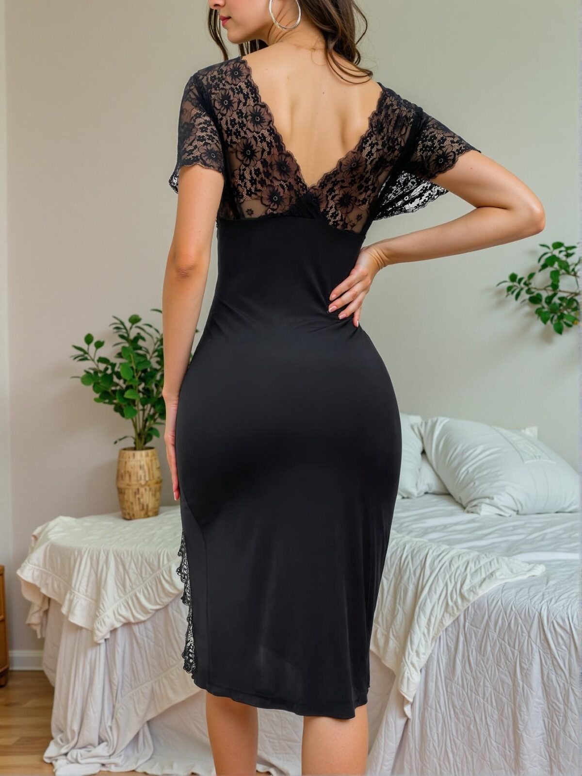 Elegant Black Lace-Trimmed Split Thigh Nightgown for Spring and Summer - Chic, Classy and Trendy Fashion Style to Dress to Impress - Image 2