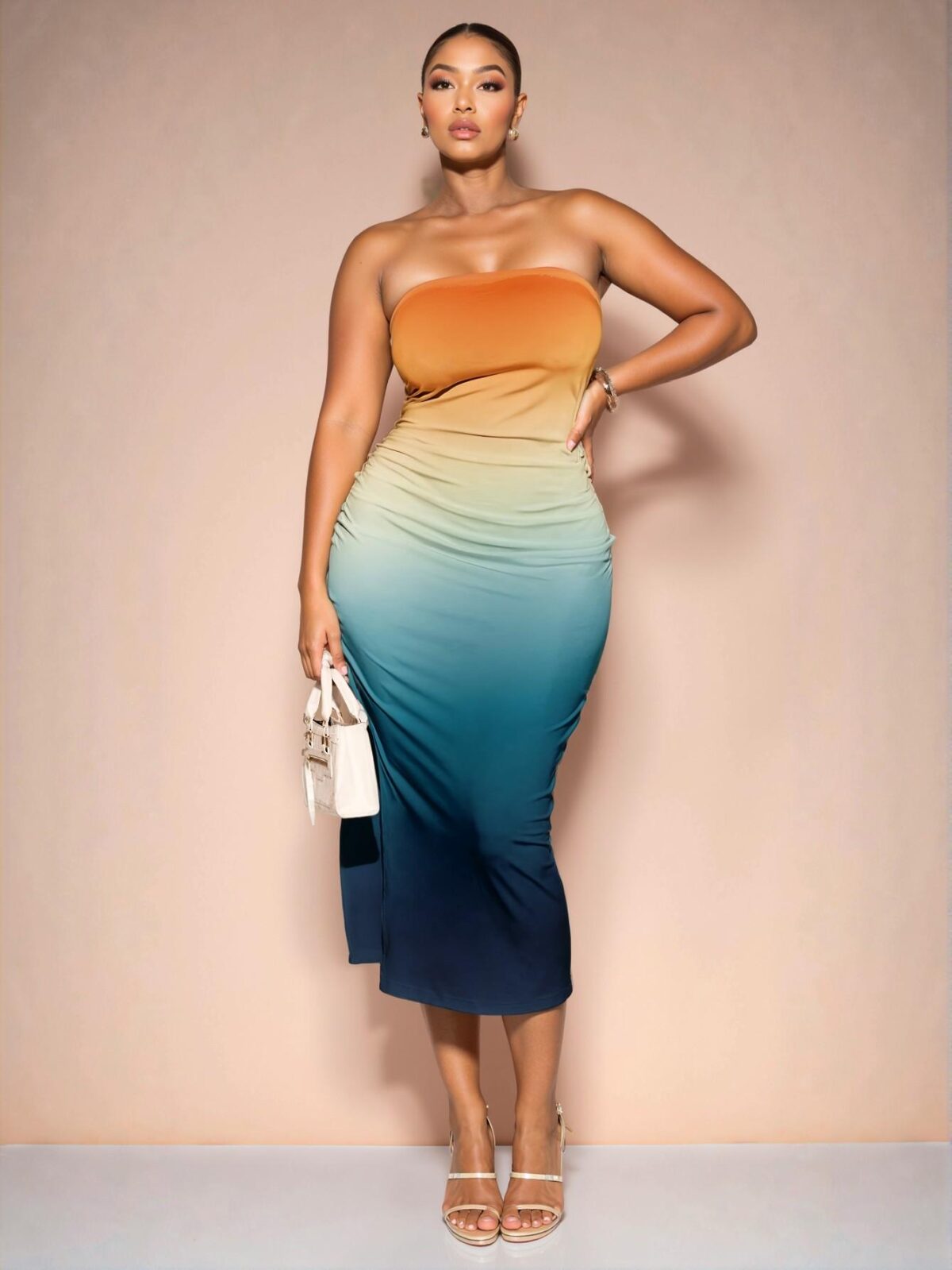 Elegant Multicolor Strapless Knitted Midi Dress with Split Detail - Chic, Classy and Trendy Fashion Style to Dress to Impress