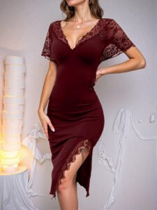 Elegant Red Lace Trimmed Midi Nightgown with Split Thigh for Spring and Summer Chic, Classy and Trendy Fashion Style to Dress to Impress