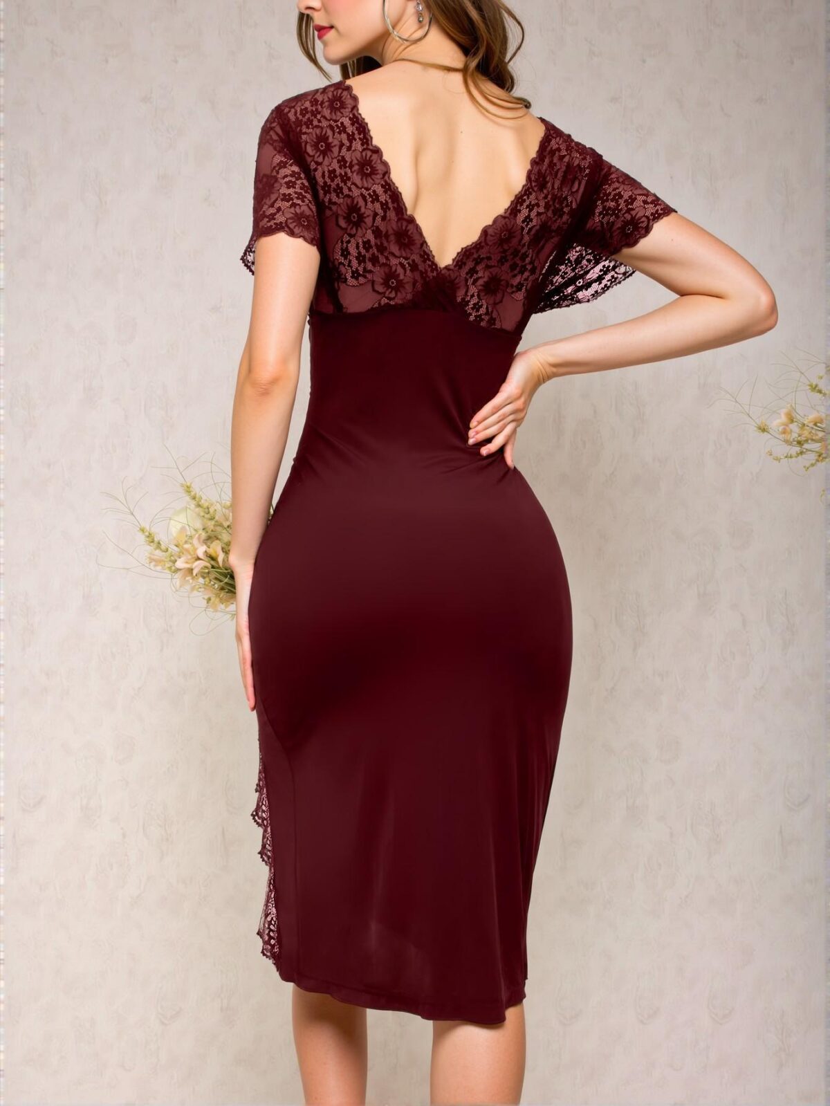 Elegant Red Lace Trimmed Midi Nightgown with Split Thigh for Spring and Summer Chic, Classy and Trendy Fashion Style to Dress to Impress - Image 2