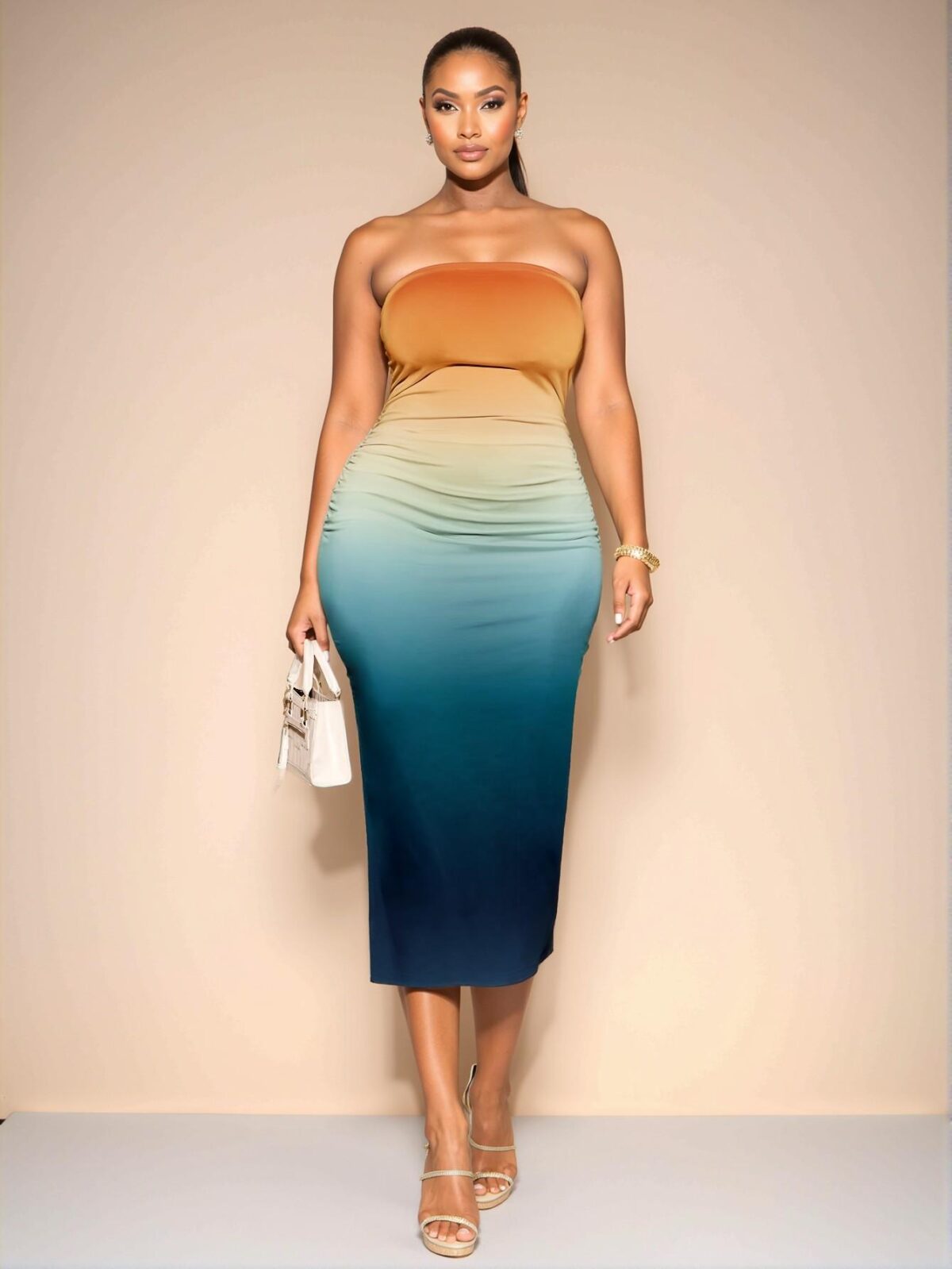 Elegant Multicolor Strapless Knitted Midi Dress with Split Detail - Chic, Classy and Trendy Fashion Style to Dress to Impress - Image 3