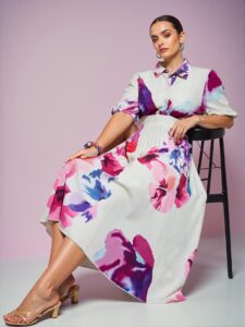 Elegant "Multicolor" "Romantic Vintage Plus Size Full Print Collared Button Front Shirt Dress with Flared Skirt & Pleats" "Chic, Classy and Trendy Fashion Style to Dress to Impress"