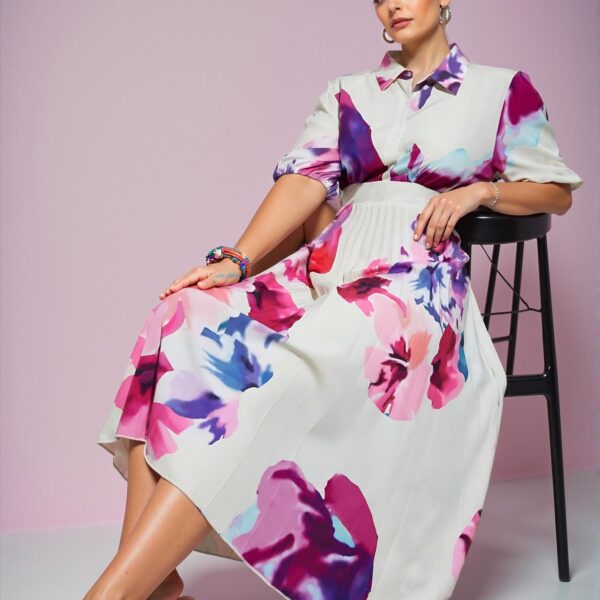 Elegant "Multicolor" "Romantic Vintage Plus Size Full Print Collared Button Front Shirt Dress with Flared Skirt & Pleats" "Chic, Classy and Trendy Fashion Style to Dress to Impress"