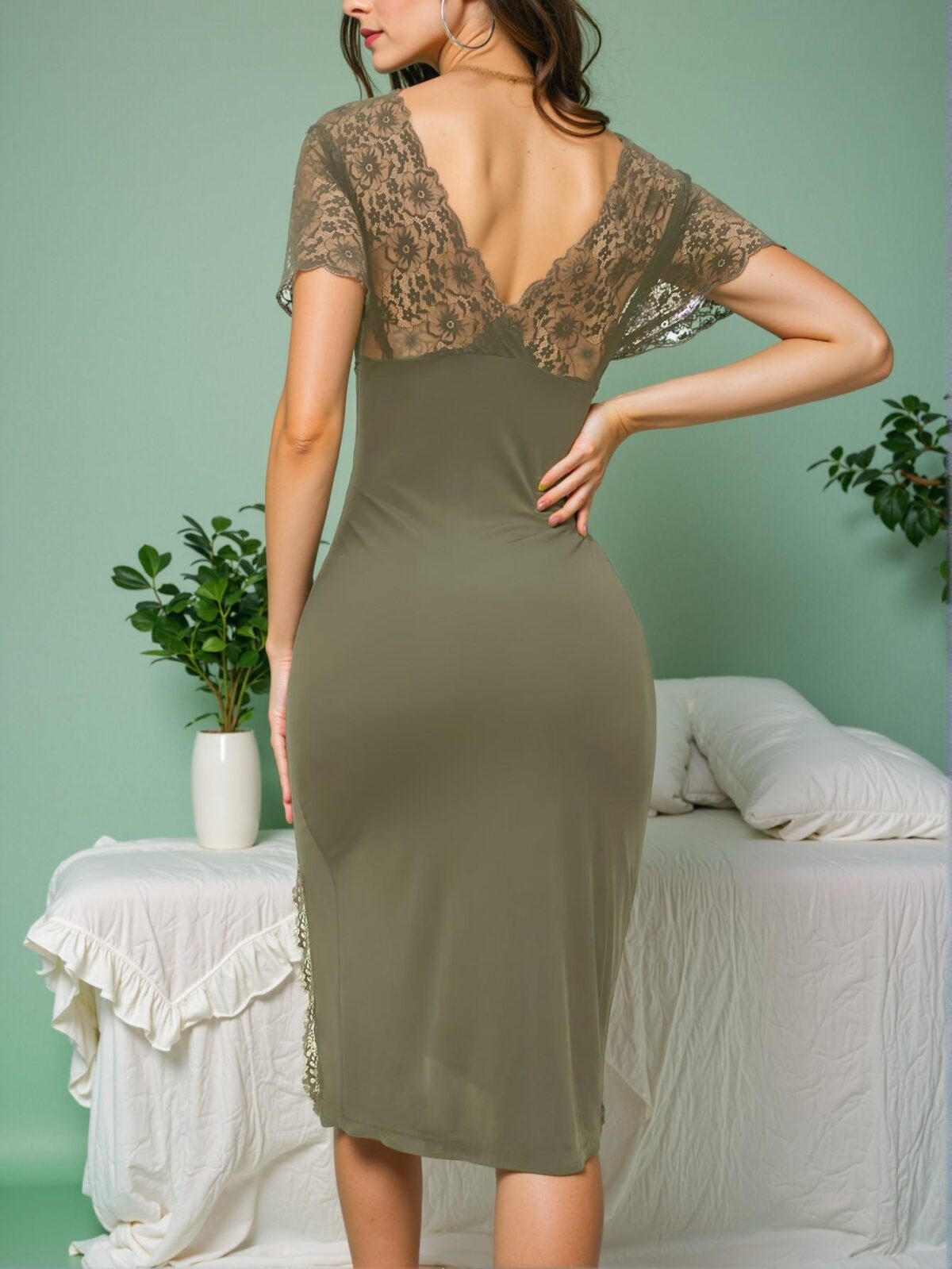 Elegant Olive Green Lace-Trimmed High Slit Nightgown for Spring and Summer - Chic, Classy and Trendy Fashion Style to Dress to Impress - Image 2