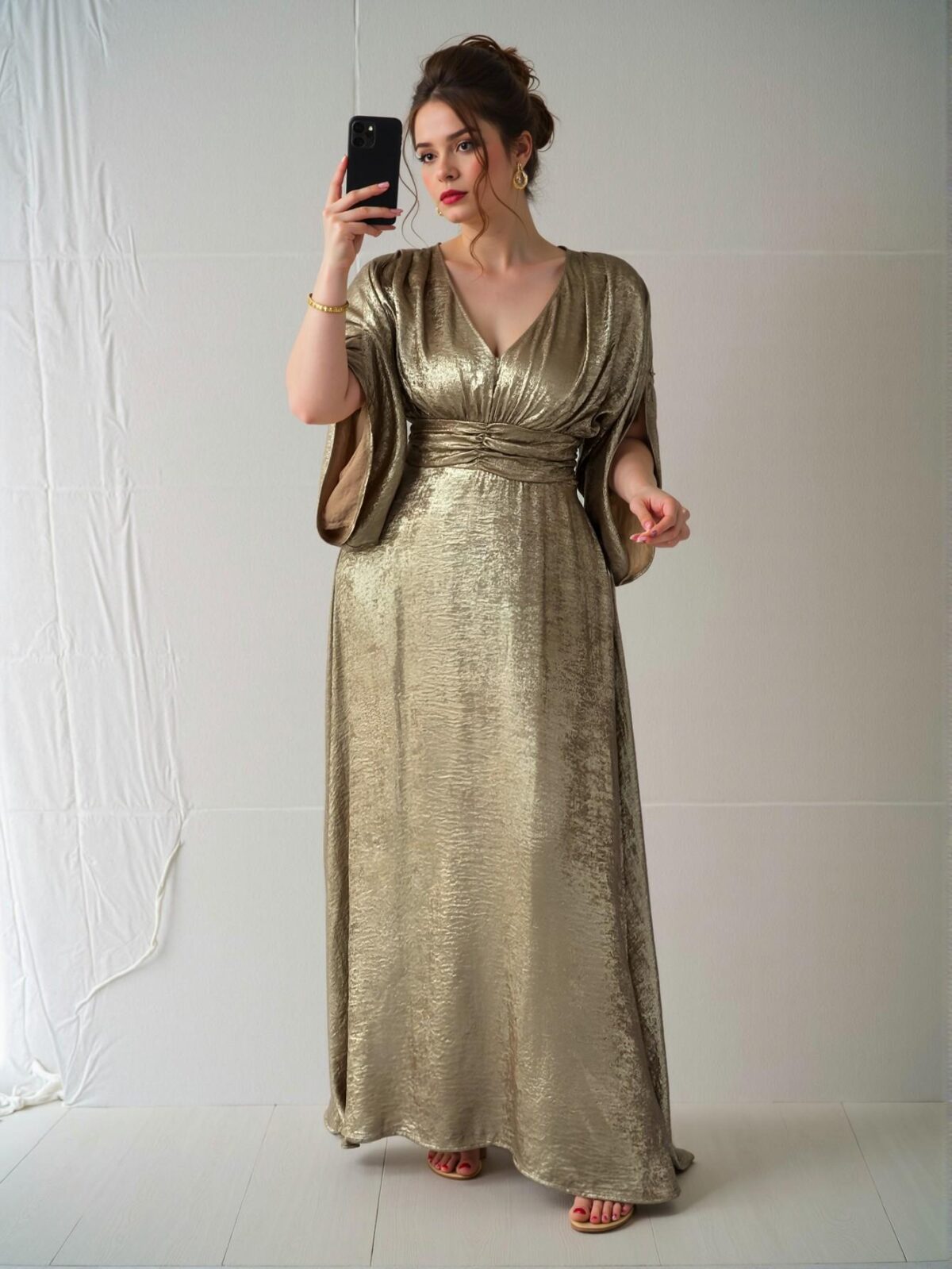 Elegant Gold A-Line Metallic Print Evening Dress with V-Neck and Split Waist for Formal Events and Romantic Gatherings - Chic, Classy and Trendy Fashion Style to Dress to Impress