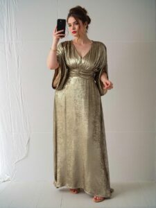 Elegant Gold A-Line Metallic Print Evening Dress with V-Neck and Split Waist for Formal Events and Romantic Gatherings - Chic, Classy and Trendy Fashion Style to Dress to Impress