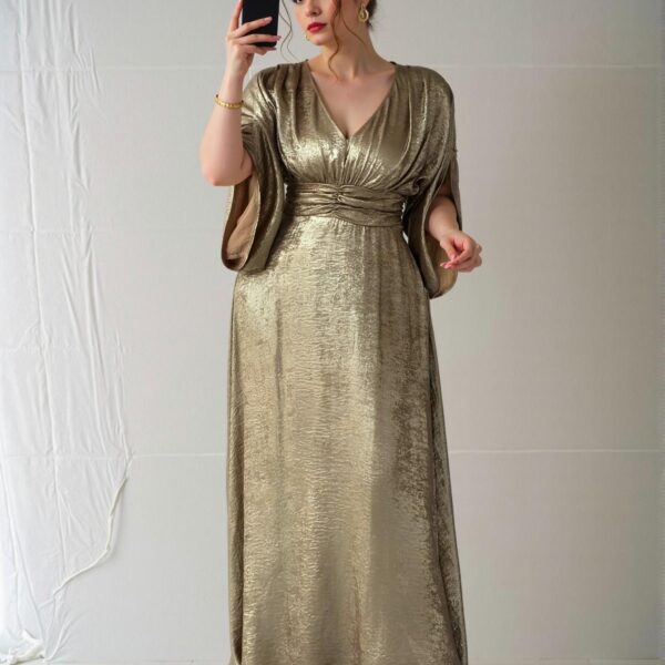 Elegant Gold A-Line Metallic Print Evening Dress with V-Neck and Split Waist for Formal Events and Romantic Gatherings - Chic, Classy and Trendy Fashion Style to Dress to Impress