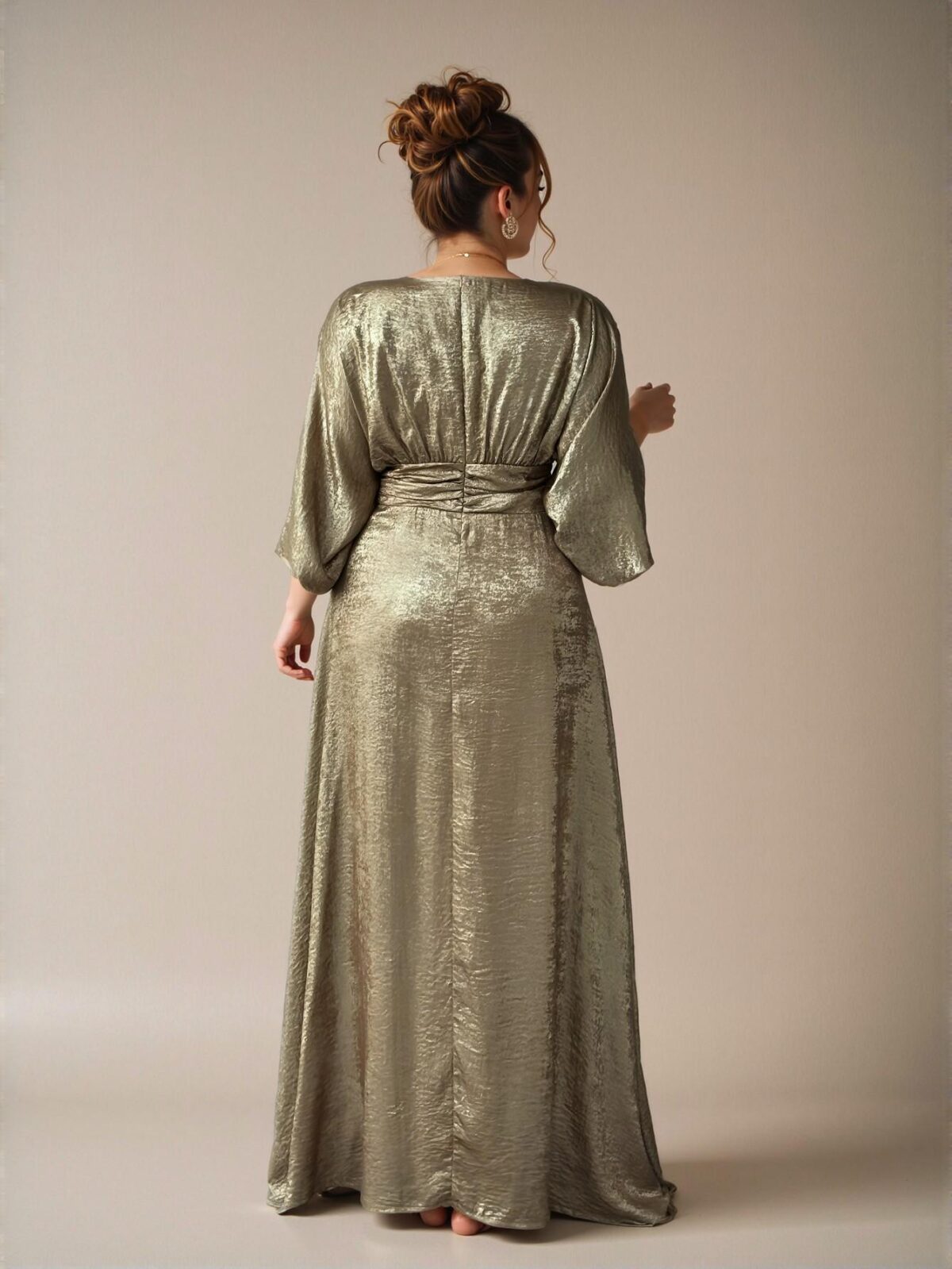 Elegant Gold A-Line Metallic Print Evening Dress with V-Neck and Split Waist for Formal Events and Romantic Gatherings - Chic, Classy and Trendy Fashion Style to Dress to Impress - Image 2