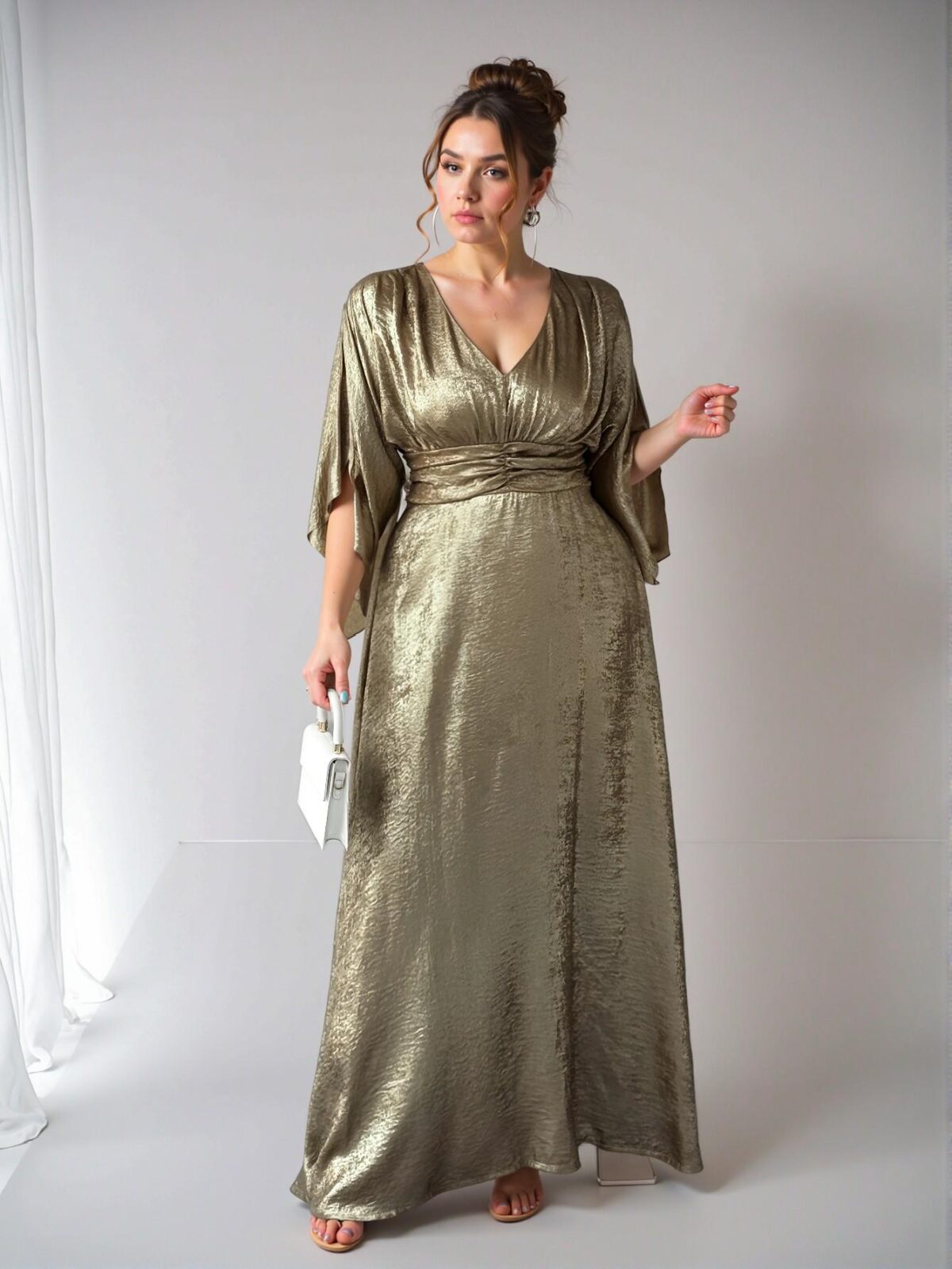 Elegant Gold A-Line Metallic Print Evening Dress with V-Neck and Split Waist for Formal Events and Romantic Gatherings - Chic, Classy and Trendy Fashion Style to Dress to Impress - Image 3