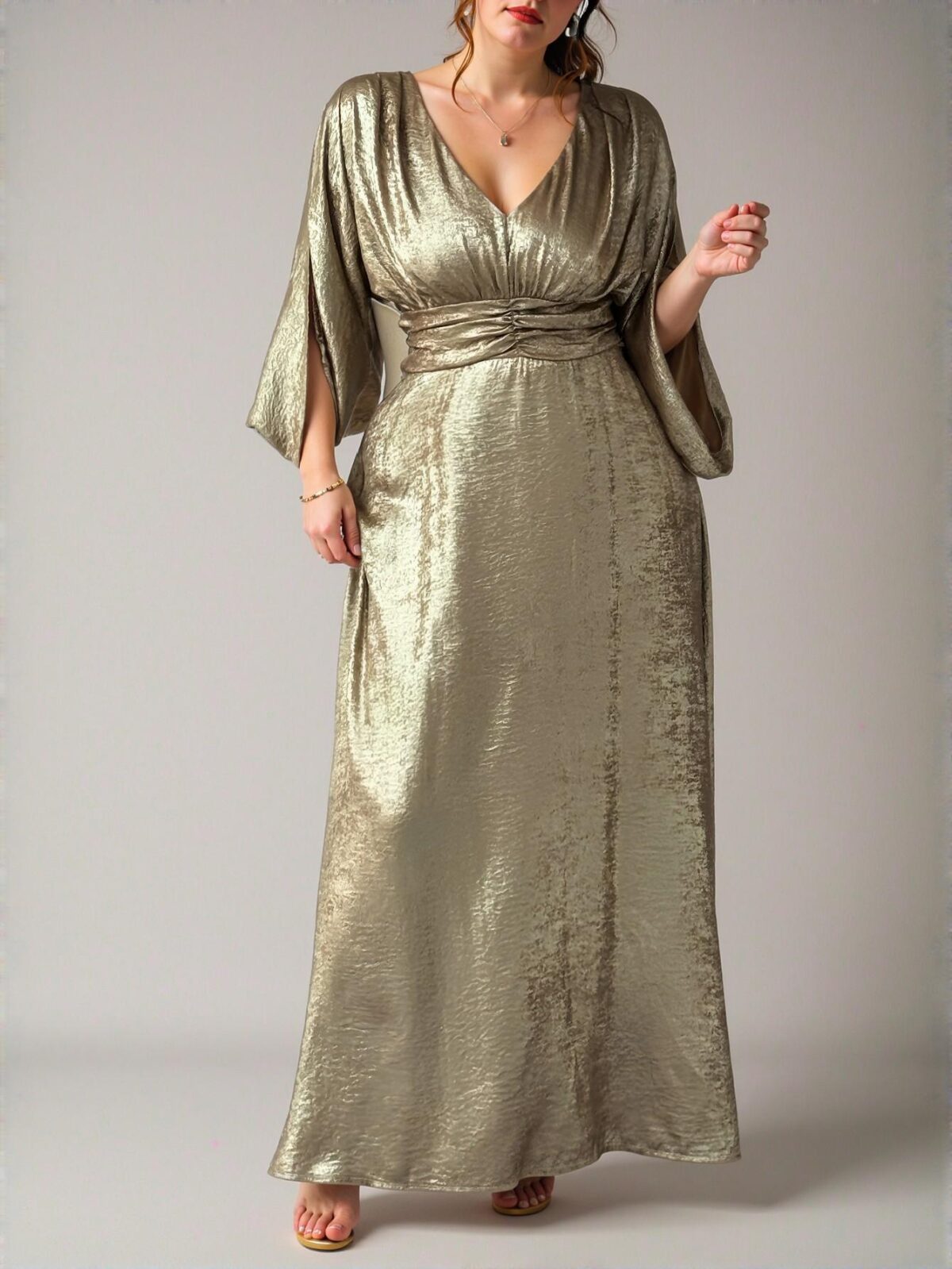 Elegant Gold A-Line Metallic Print Evening Dress with V-Neck and Split Waist for Formal Events and Romantic Gatherings - Chic, Classy and Trendy Fashion Style to Dress to Impress - Image 4