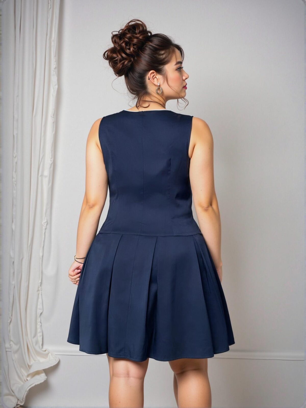 Elegant Navy Blue Fitted Plus Size A-Line Dress with Color Block Ruffle Collar and Pleated Design - Chic, Classy and Trendy Fashion Style to Dress to Impress - Image 2