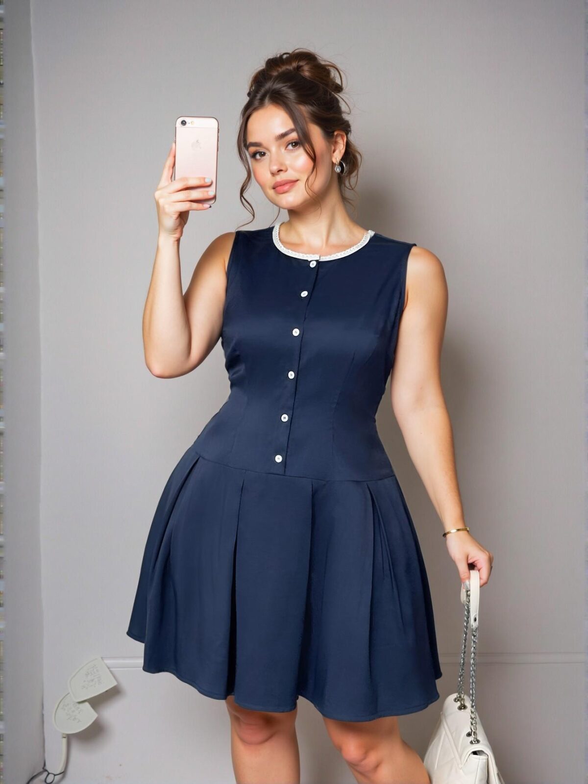 Elegant Navy Blue Fitted Plus Size A-Line Dress with Color Block Ruffle Collar and Pleated Design - Chic, Classy and Trendy Fashion Style to Dress to Impress - Image 3