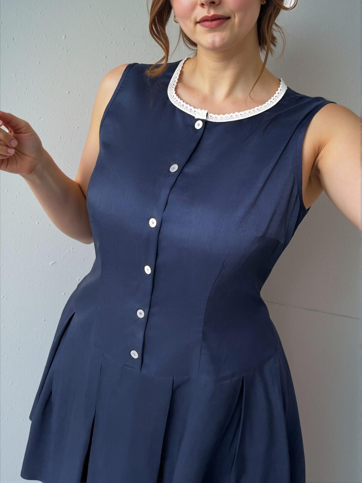Elegant Navy Blue Fitted Plus Size A-Line Dress with Color Block Ruffle Collar and Pleated Design - Chic, Classy and Trendy Fashion Style to Dress to Impress - Image 4