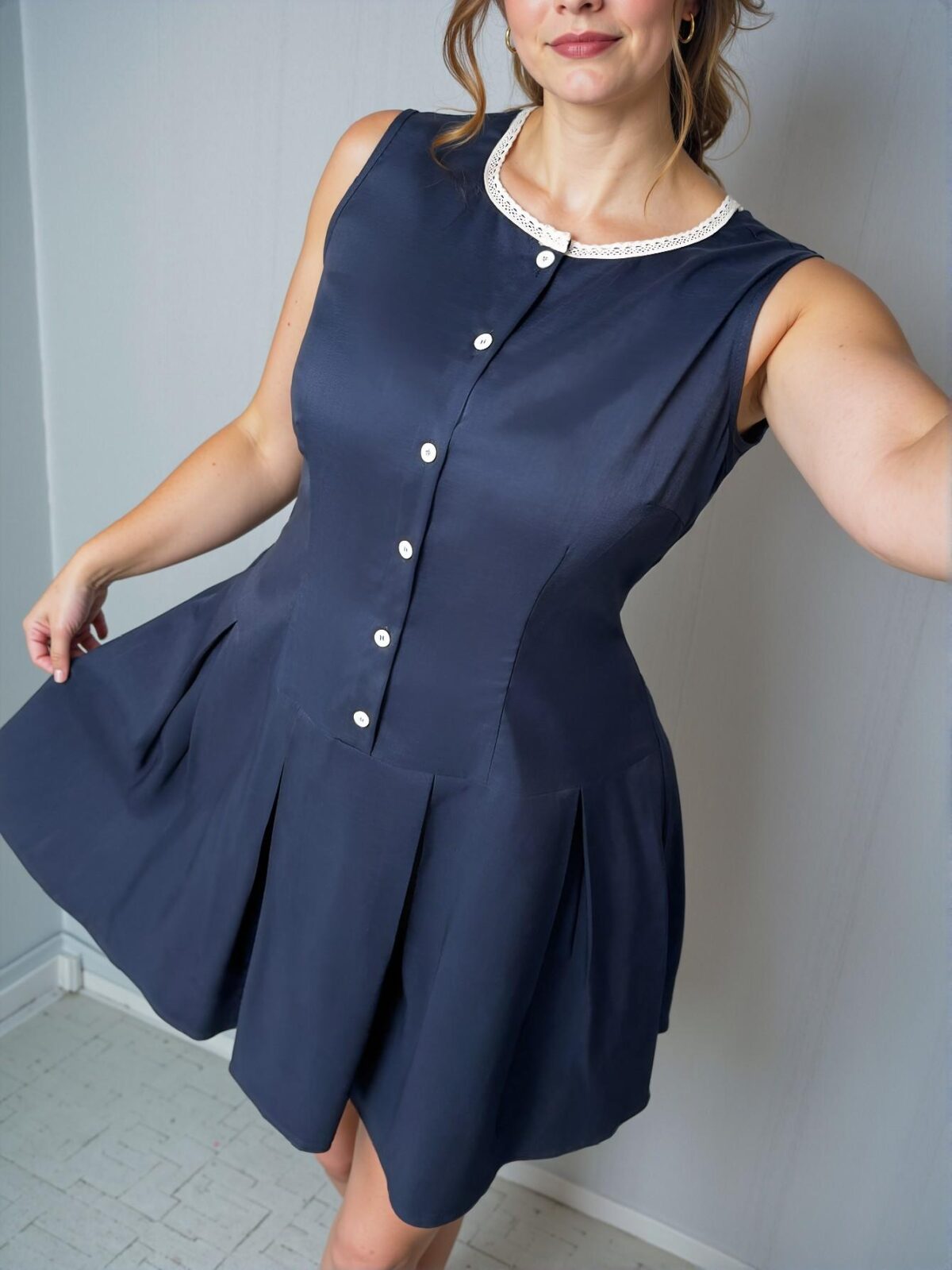 Elegant Navy Blue Fitted Plus Size A-Line Dress with Color Block Ruffle Collar and Pleated Design - Chic, Classy and Trendy Fashion Style to Dress to Impress - Image 5