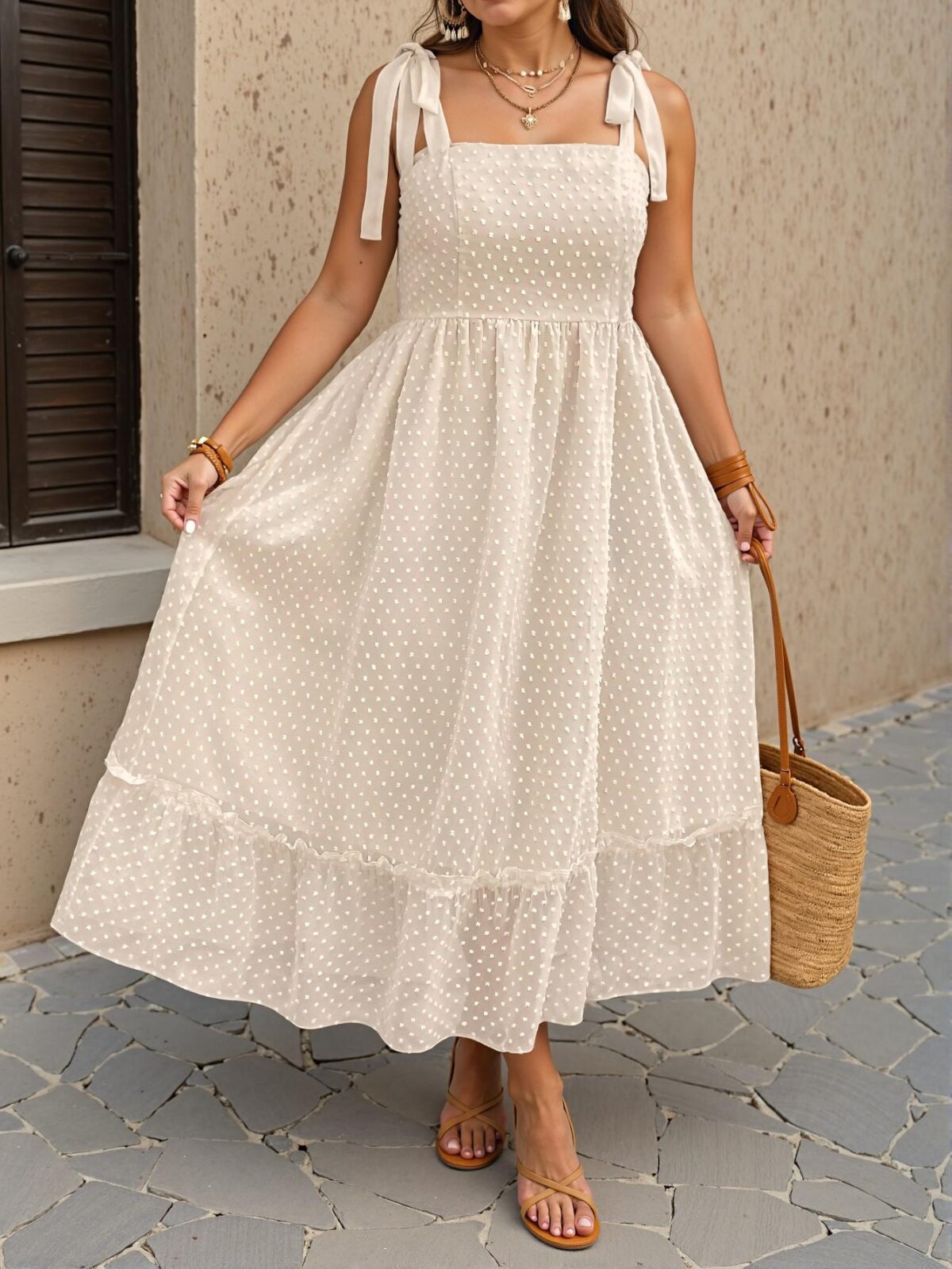 Elegant Apricot Ruffle-Trimmed A-Line Peasant Dress with Tie Straps for a Stylish Beach Look - Chic, Classy and Trendy Fashion Style to Dress to Impress - Image 3