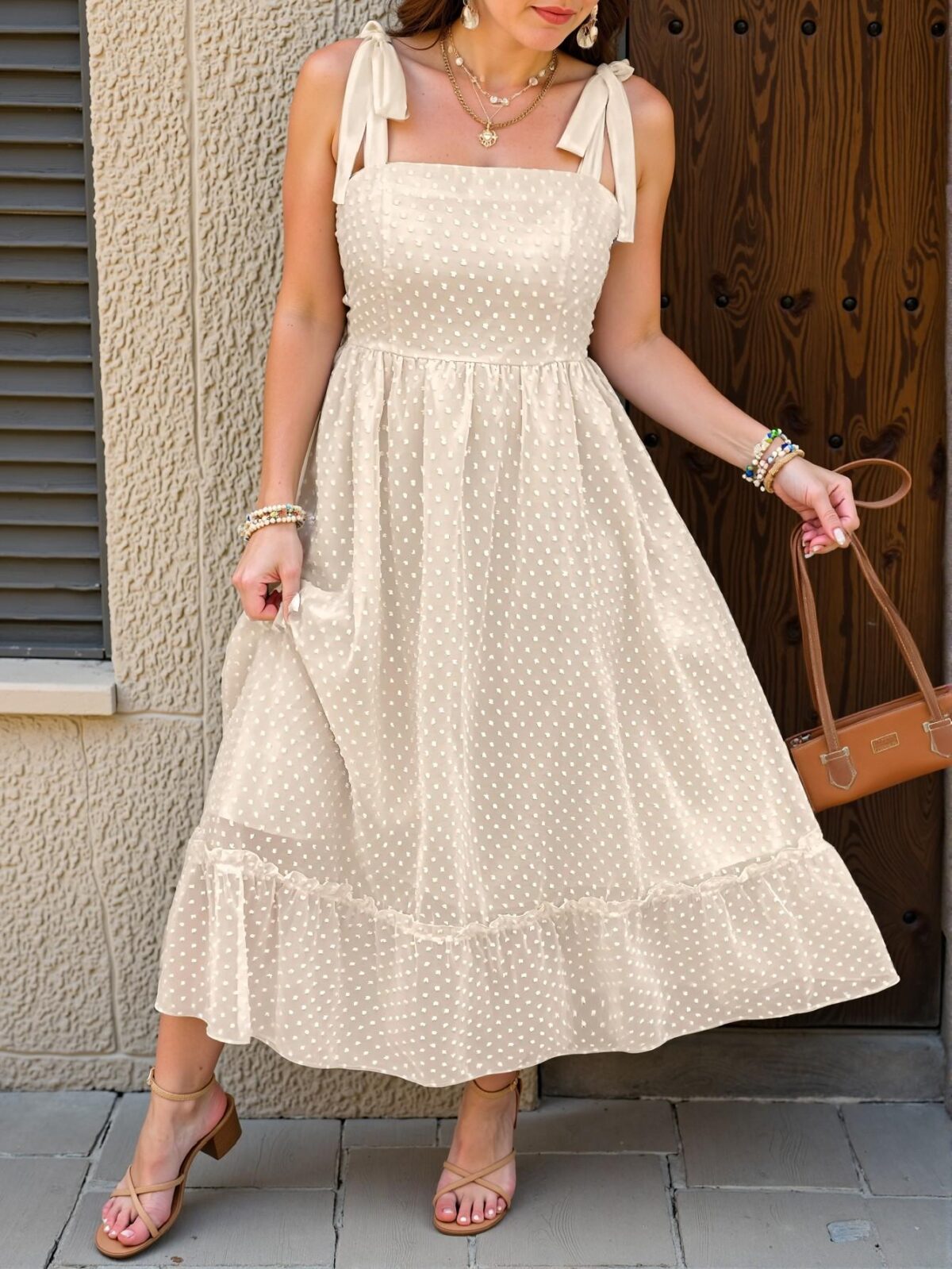 Elegant Apricot Ruffle-Trimmed A-Line Peasant Dress with Tie Straps for a Stylish Beach Look - Chic, Classy and Trendy Fashion Style to Dress to Impress - Image 5