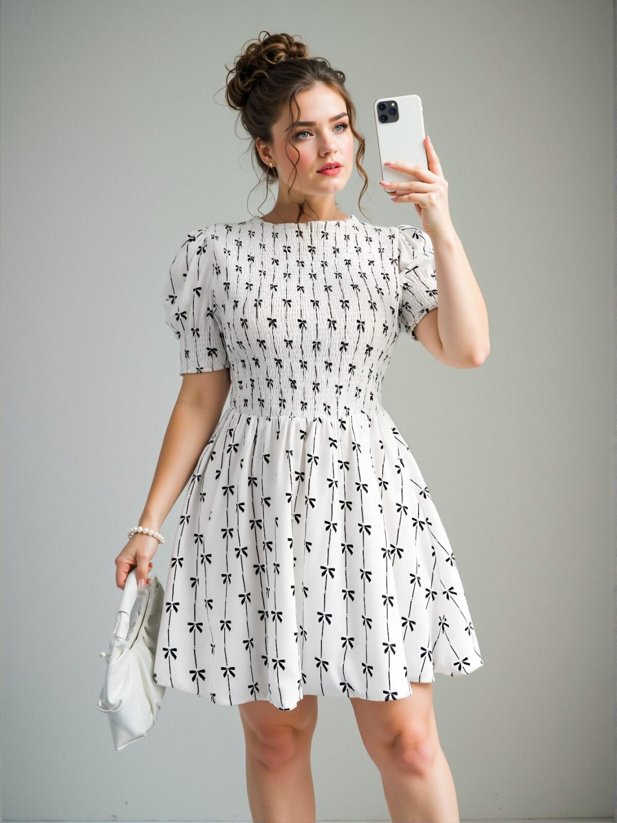 Elegant White Bow-Accent Short Sleeve Ruched Waist Mini Dress - Chic, Classy and Trendy Fashion Style to Dress to Impress