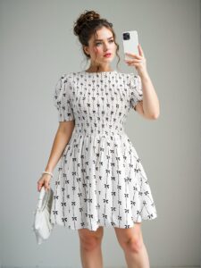 Elegant White Bow-Accent Short Sleeve Ruched Waist Mini Dress - Chic, Classy and Trendy Fashion Style to Dress to Impress