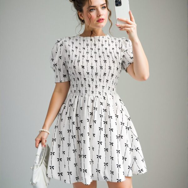Elegant White Bow-Accent Short Sleeve Ruched Waist Mini Dress - Chic, Classy and Trendy Fashion Style to Dress to Impress