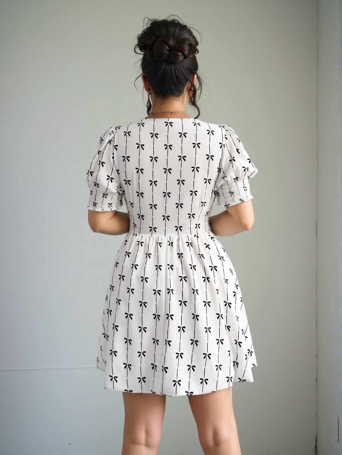 Elegant White Bow-Accent Short Sleeve Ruched Waist Mini Dress - Chic, Classy and Trendy Fashion Style to Dress to Impress - Image 2