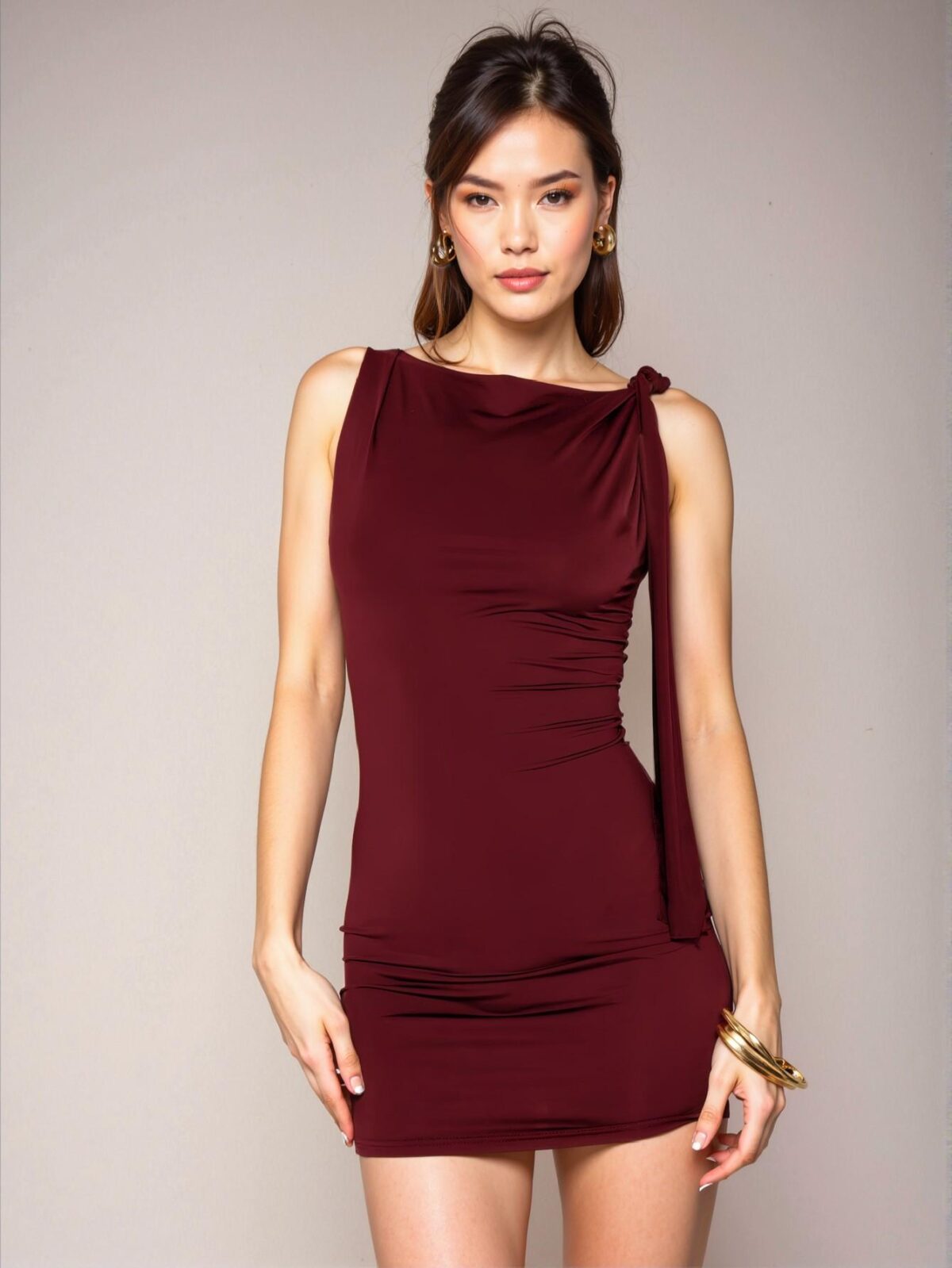 Elegant Burgundy Romantic Tie Shoulder Mini Dress Ideal for Spring and Summer Getaways, Perfect for Vacations and Night Out Events - Chic, Classy and Trendy Fashion Style to Dress to Impress